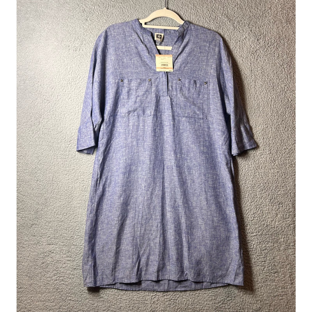 Anne Klein Dress Womens 2 Blue Split Neck 3/4 Sleeve Chambray Mini Dress NEW